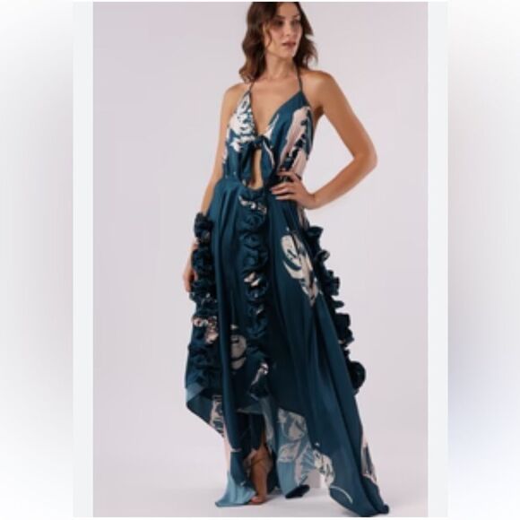 NWT PRAIA PR Bellagio 17191 Maxi Dress Large Green Pink Floral - Picture 1 of 14